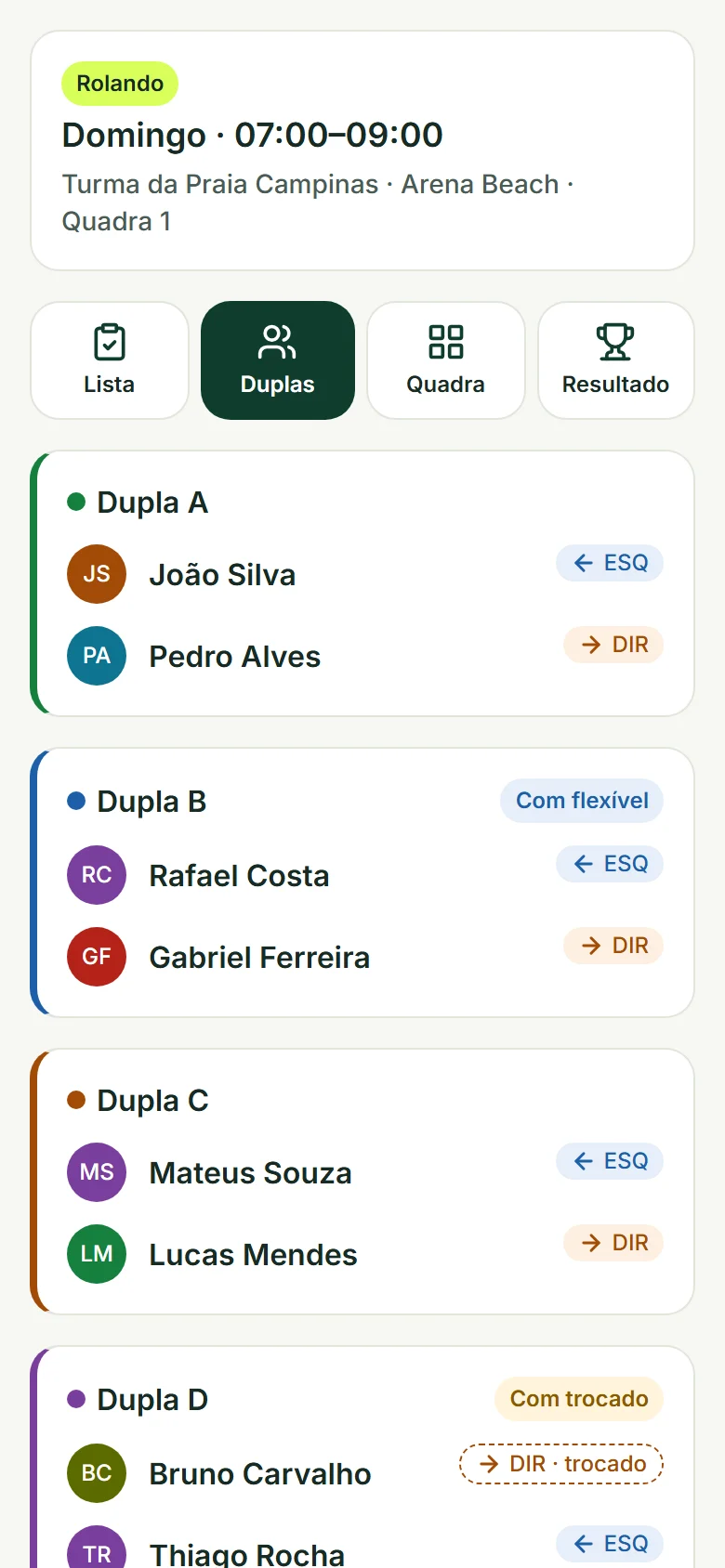 Tela de duplas sorteadas por lado